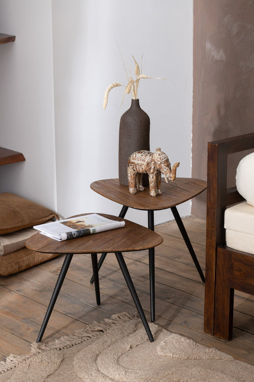 J-Line tafel Driehoek - hout/glas - naturel - set van 2