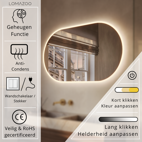 LOMAZOO badkamerspiegel Genua - met LED verlichting & spiegelverwarming - ovaal - 100 x 60 cm