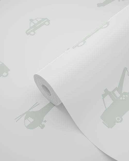 ESTAhome behang auto's, brandweerauto's, helikopters en kranen groen 53 cm x 10.05 m 128856