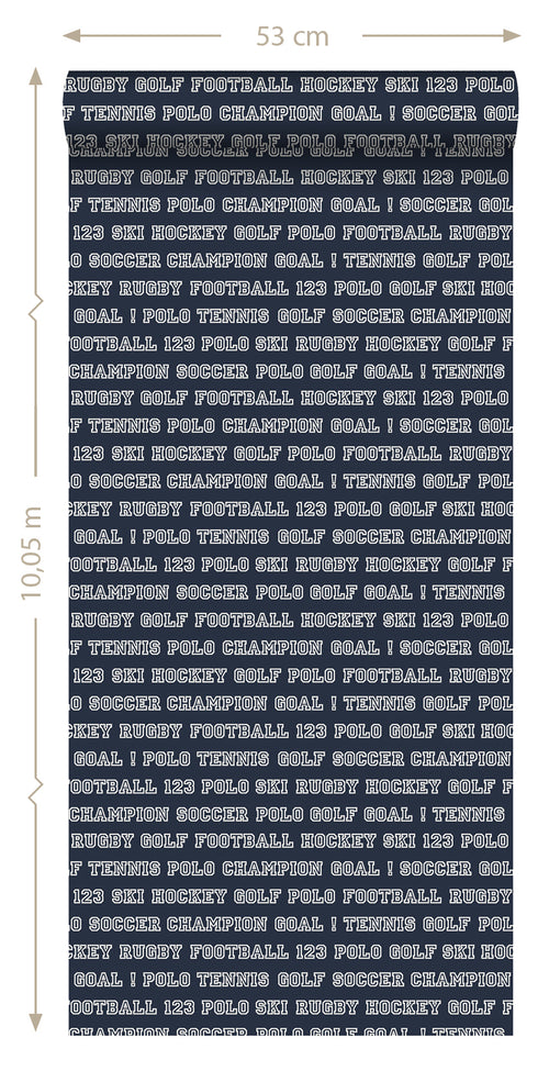 ESTAhome behang sportteksten donkerblauw - 53 cm x 10.05 m - 138830