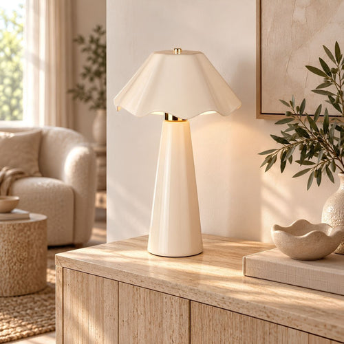 Mica Decorations Meera Tafellamp Beige Keramiek - Geschikt voor E27 Lichtbron Max. 60W - IP20 Classificatie voor Binnengebruik - Decoratieve Geplooide