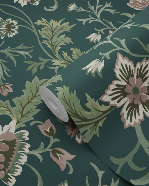 ESTAhome behang vintage bloemen antraciet grijs en groen - 53 cm x 10.05 m - 139415