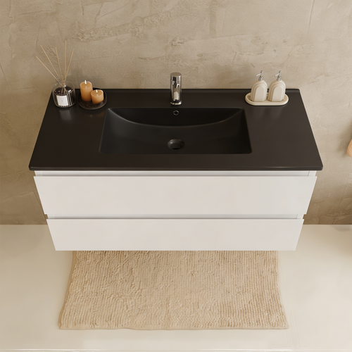 LOMAZOO badmeubelset Verona - met kolomkast & zwarte wastafel - glanzend wit - 100 cm