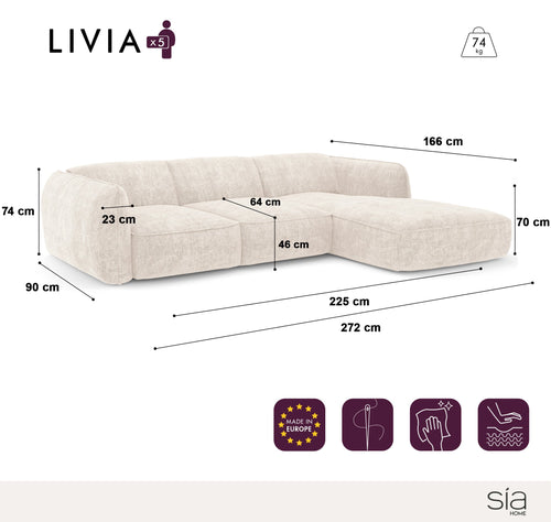 Sia Home - Rechte hoekbanken LIVIA - Fluweel weefsel - Crème - 272cm