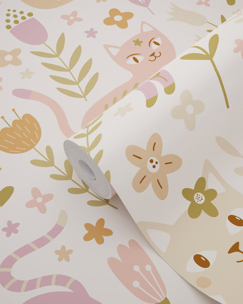 ESTAhome behang katjes paars, roze en beige - 50 x 900 cm - 132179