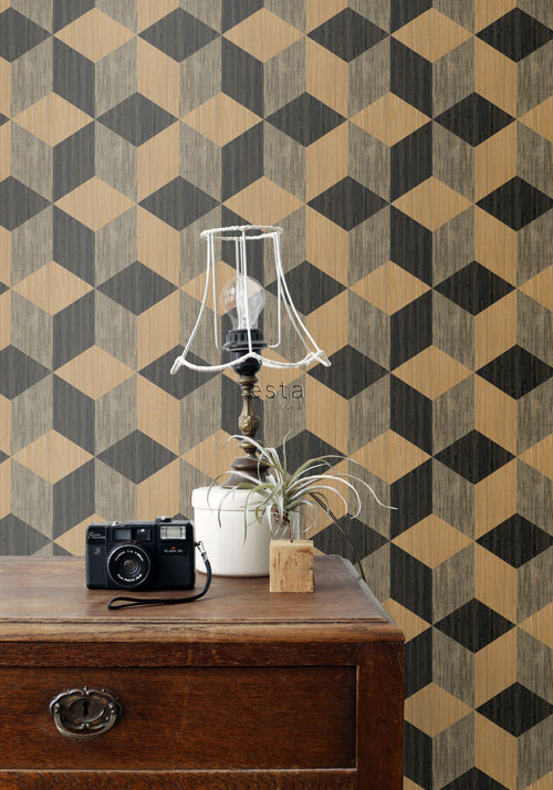 ESTAhome XXL behang 3D grafische kubussen zwart en bruin - 50 x 900 cm - 158918