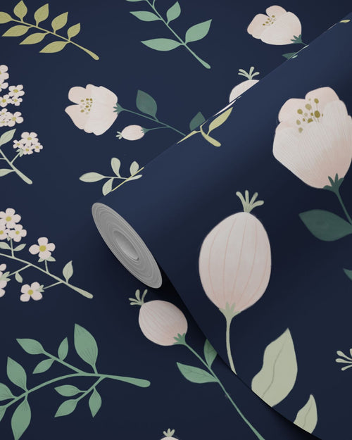 ESTAhome behang bloemen donkerblauw, roze en groen - 53 cm x 10.05 m - 139341