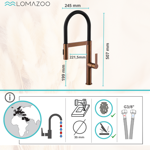 LOMAZOO keukenkraan Alba - met magnetische uitloop - mengkraan - koper