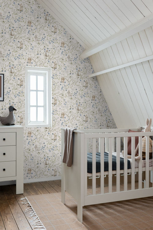 ESTAhome behang toile de jouy konijnen beige, groen, blauw en wit - 53 cm x 10.05 m - 131138