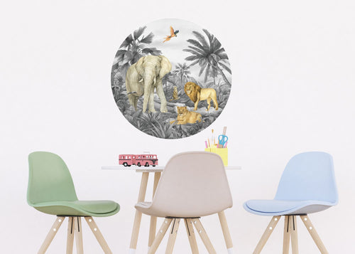 Sanders & Sanders zelfklevende behangcirkel jungle dieren grijs - Ø 70 cm - 601288