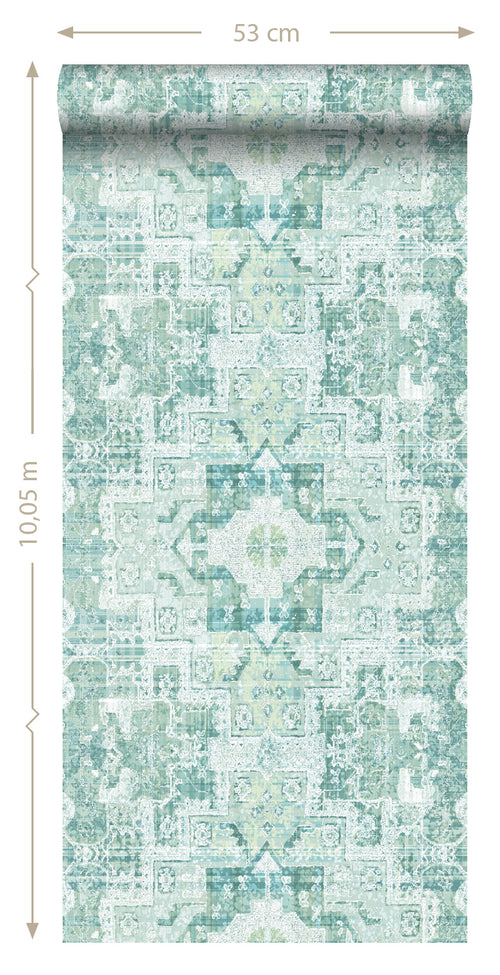ESTAhome behang oosters kelim tapijt vergrijsd mintgroen - 53 cm x 10.05 m - 148658