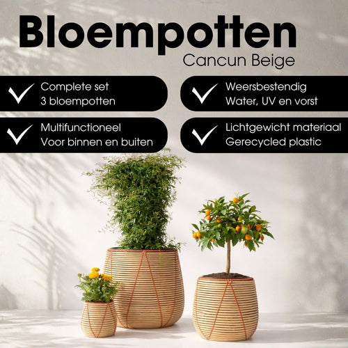 Mica Decorations Cancun Bloempot – Set van 3 – Plantenpot voor Bloemen en Kamerplanten – Bloempotten voor Buiten – Gerecycled Plastic – Beige