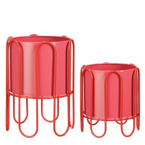 Mica Decorations Dione Bloempot op Standaard - Set van 2 - H35 x Ø26 cm - Metaal - Rood, Roze