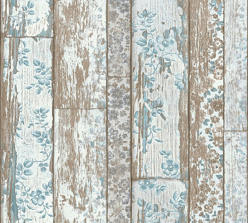 A.S. Création behang verweerde houten planken lichtblauw en beige - 53 cm x 10.05 m - AS-361191