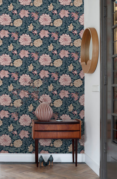 ESTAhome behang vintage bloemen blauw en oudroze - 53 cm x 10.05 m - 139382