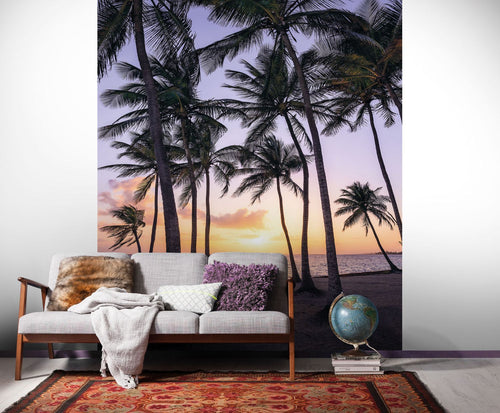 Sanders & Sanders fotobehang palmbomen op het strand grijs en groen - 200 x 250 cm - 612537