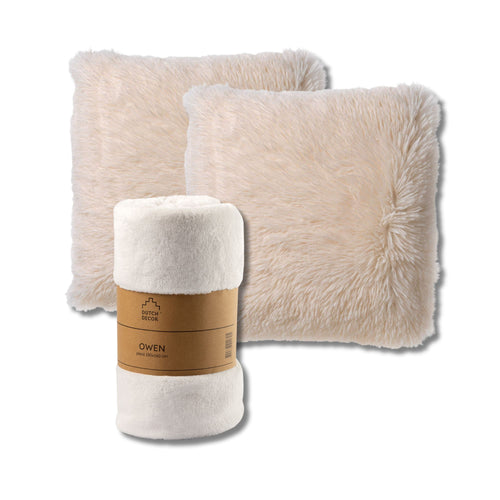 Dutch Decor - VOORDEELSET - 3-delig - Fluffy & Owen - 2 sierkussens 45x45 cm - 1 plaid 130x160 cm - wit - vtwonen shop