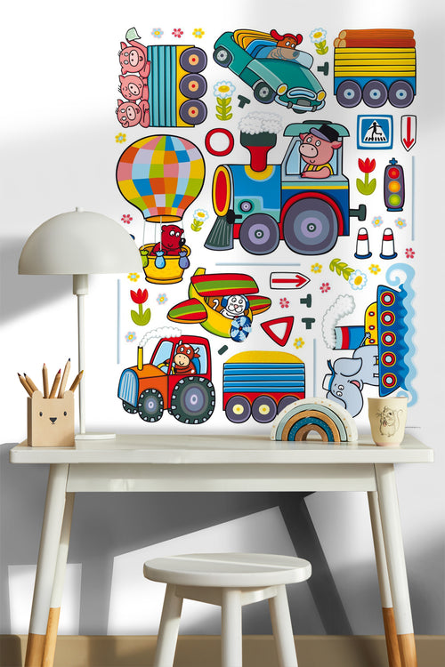 Sanders & Sanders muursticker boerderij dieren blauw, groen en geel - 85 x 65 cm - 600244