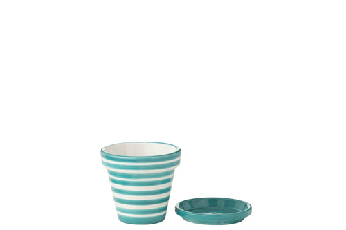 J-Line bloempot Granada Stripes Handmade + Painted - keramiek - aqua - small  - Ø 21 cm