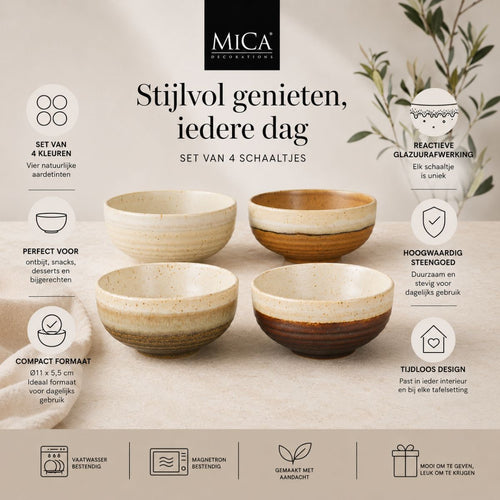 Mica Decorations Kommen Set 4 Stuks - Schaaltjes Set van Steengoed - Ontbijtkommen, Dessertkommen en Snackkommen - Ø11 x 5,5 cm - Aardetinten