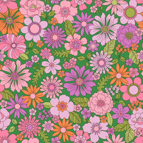 ESTAhome behang retro bloemen groen, paars, roze en oranje - 50 x 900 cm - 131806