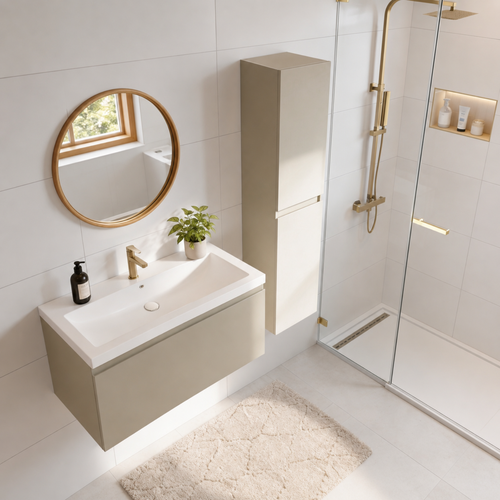 LOMAZOO badmeubelset Sorrento - met hoge kast & witte wastafel - greige - 80 cm