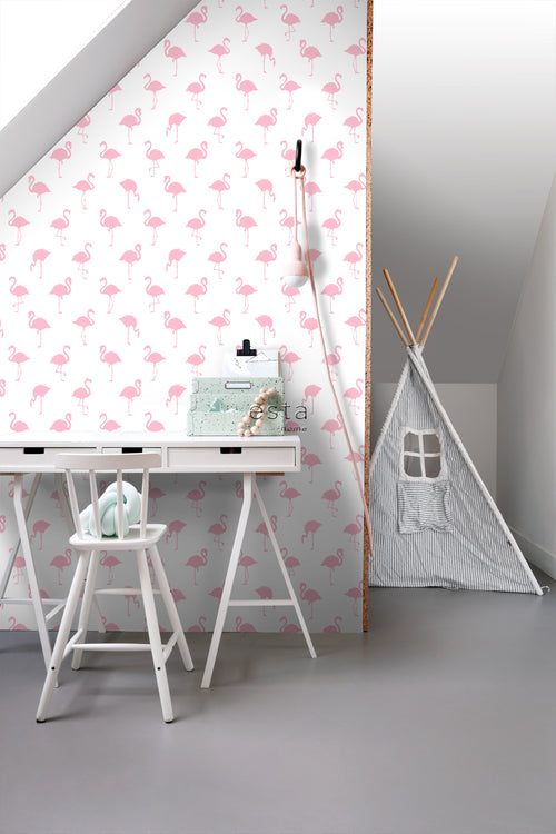 ESTAhome behang flamingo's roze en wit - 53 cm x 10.05 m - 138992
