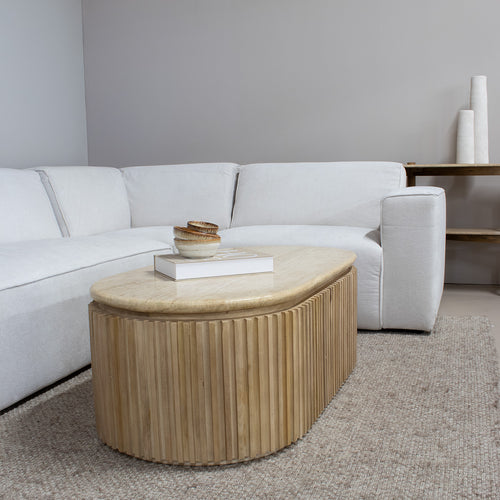 Giga Meubel Salontafel Sven Ovaal - Travertin/Hout - Naturel - 120x60x40cm