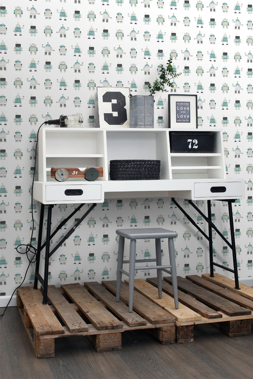 ESTAhome behang getekende vintage speelgoed robots mintgroen en blauw - 53 cm x 10.05 m - 138938
