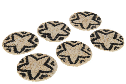 J-Line onderzetter Rond Ster - jute - naturel/zwart - 6 stuks