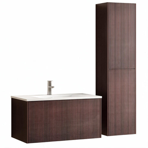 LOMAZOO badkamermeubel Rovani - zwevend met ribbelfront & witte wastafel - walnoot - 80 cm