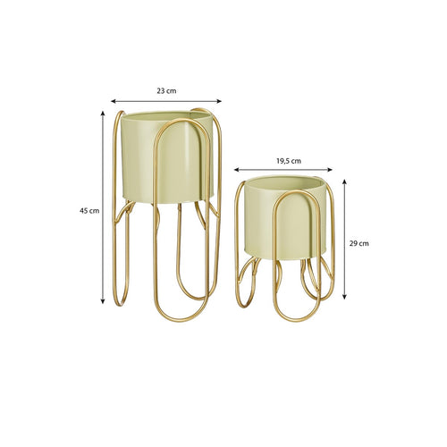 Mica Decorations Donau Bloempot op Standaard - Set van 2 - Metaal - H45 x Ø23 cm - Lichtgroen, Goud