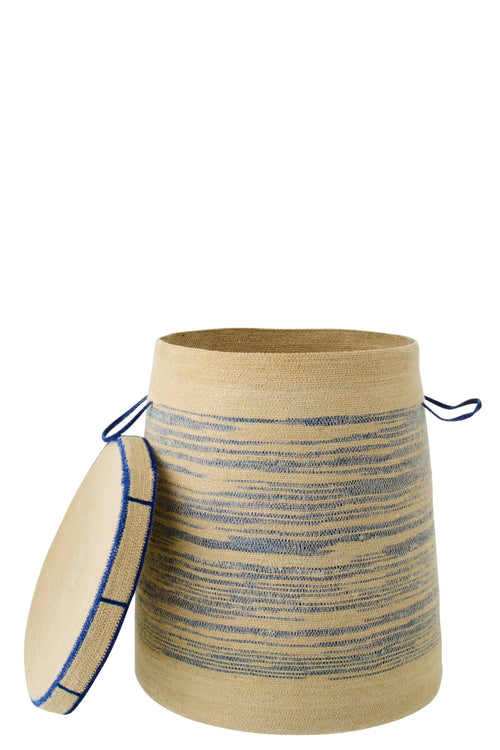J-Line mand Met Handvat + Deksel Gestreept - zeegras - naturel/blauw