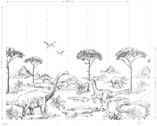ESTAhome fotobehang dinosaurussen zwart wit - 300 x 279 cm - 159063