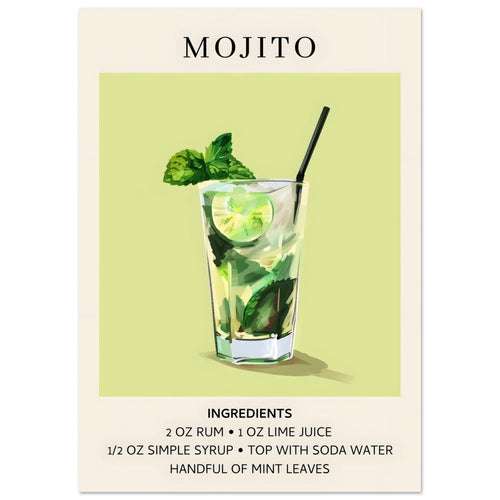 Artfulprints  Mojito cocktail - Ingrediënten   poster A4 21x29.7 cm