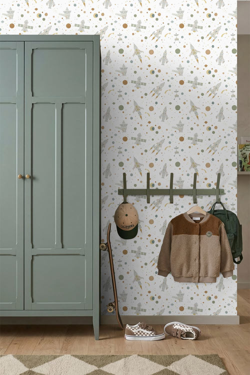 ESTAhome behang planeten in de ruimte wit, groen en bruin - 50 x 900 cm - 132069