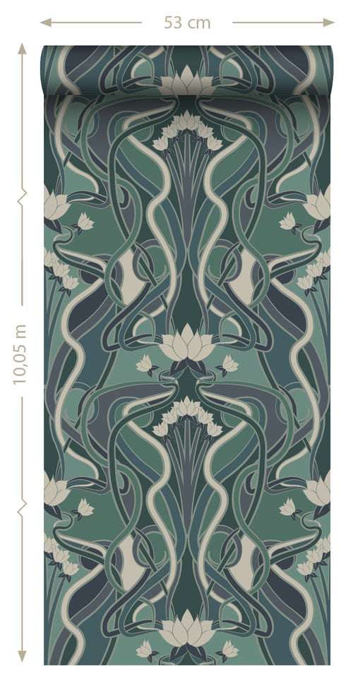 ESTAhome behang vintage bloemen in art nouveau stijl vergrijsd groen en blauw - 50 x 900 cm - 139894 - vtwonen shop