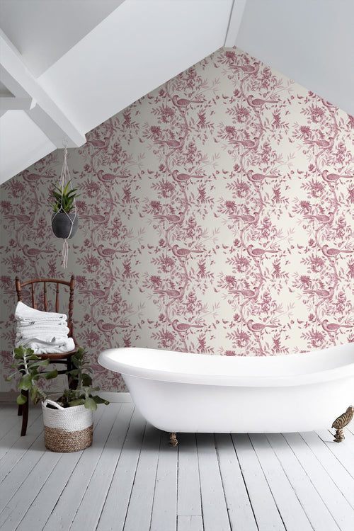 ESTAhome behang bloemen en vogels bordeaux rood - 50 x 900 cm - 132116