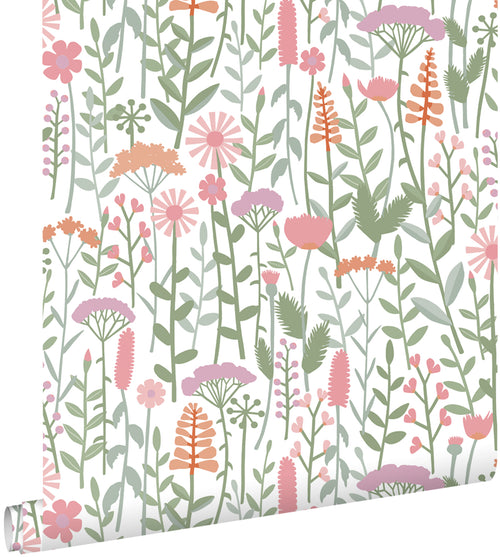 ESTAhome behang veldbloemen groen, wit en roze - 50 x 900 cm - 131550 - vtwonen shop