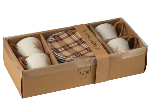 J-Line theemok + schoteltje Blad - keramiek - bruin - large - giftbox van 4 - 220 ml