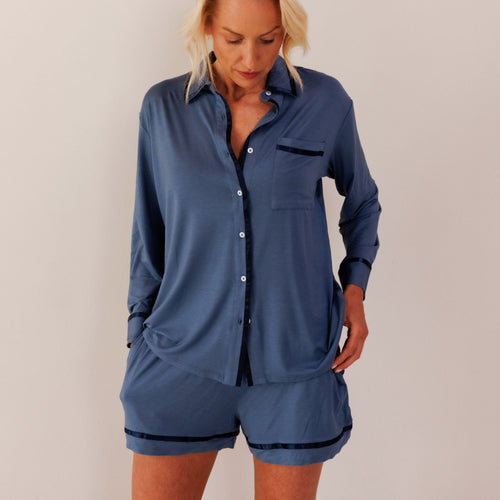 Coco & Cici - TENCEL Pyjama Set Shirt & Short Dames Donker Blauw - L