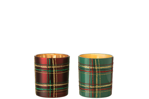 J-Line theelichthouder Geruit - glas - rood/groen - large - 2 stuks
