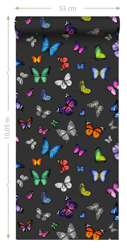 ESTAhome behang vlinders multicolor op zwart - 53 cm x 10.05 m - 138508