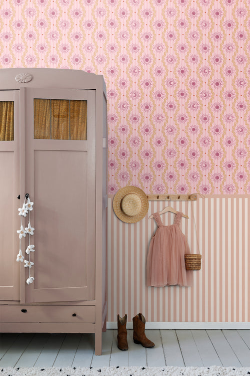 ESTAhome behang retro ornamenten paars, roze en geel - 50 x 900 cm - 131712