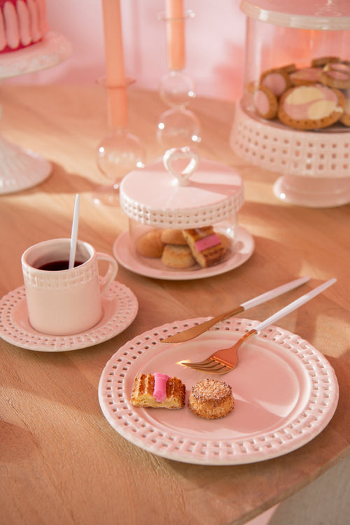 J-Line kop + schoteltje - keramiek - roze - 12 stuks
