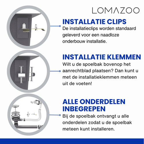 LOMAZOO spoelbak Sierra - met accessoires - RVS - gun metal - 70 x 40 cm