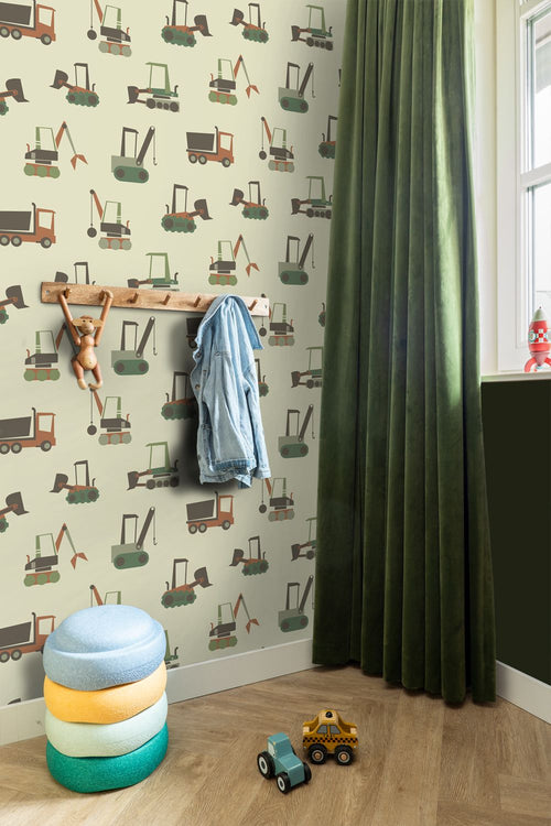 ESTAhome behang voertuigen groen en bruin - 50 x 900 cm - 132243