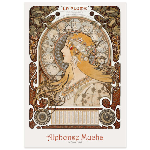 Artfulprints Poster met Lijst Alphonse Mucha - La plume   - A4 21x29.7 cm - Bruin
