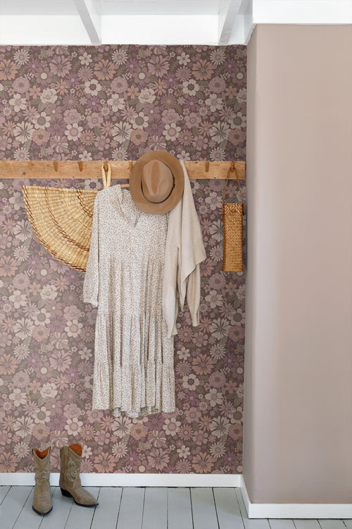 ESTAhome behang retro bloemen oudroze en aubergine paars - 53 cm x 10.05 m - 131135 - vtwonen shop