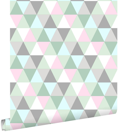 ESTAhome behang driehoekjes mintgroen, roze en grijs - 53 cm x 10,05 m - 128706 - vtwonen shop